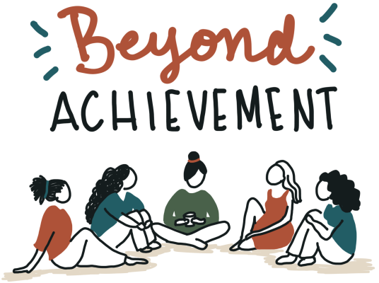 Handrawn Beyond Achievement with a group of 5 women sitting in a semicircle